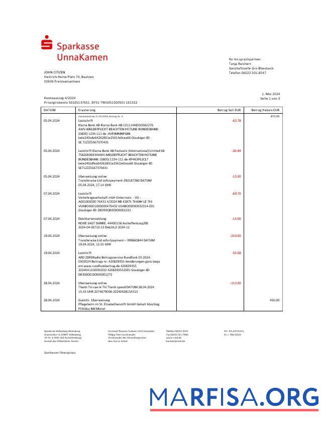 Printable Germany Sparkasse UnnaKamen bank statement word template